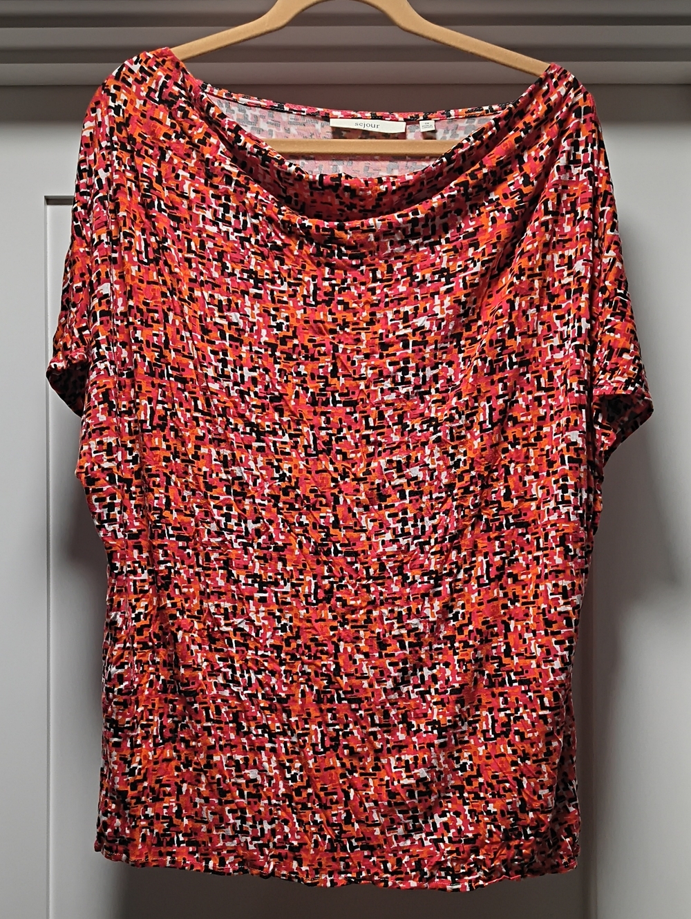 Sejour Coral Multi-Color Draped Neck Short Sleeve Top